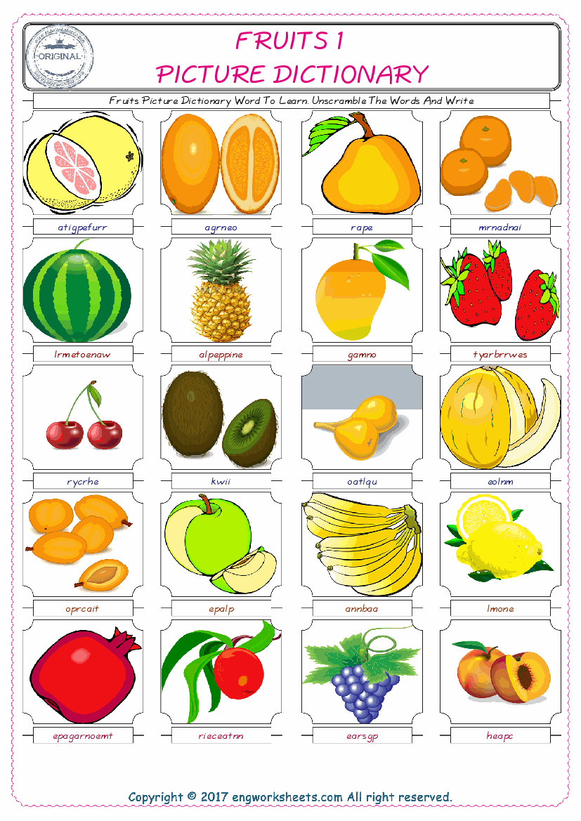  Fruits ESL Worksheets For kids, the exercise worksheet of finding the words given complexly and supplying the correct one. 